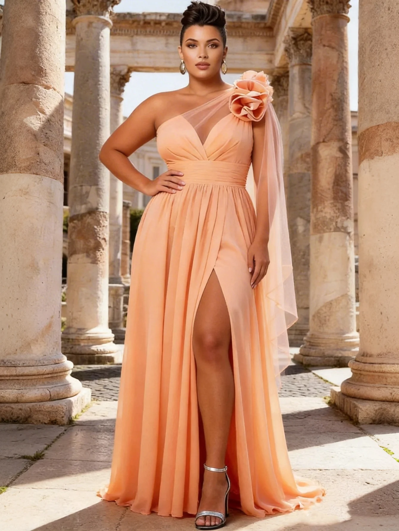 

Женское вечернее платье макси больших размеров с одним открытым плечом, цветочным принтом, из шифона, с высоким разрезом, для свадьбы, вечеринки, выпускного вечера