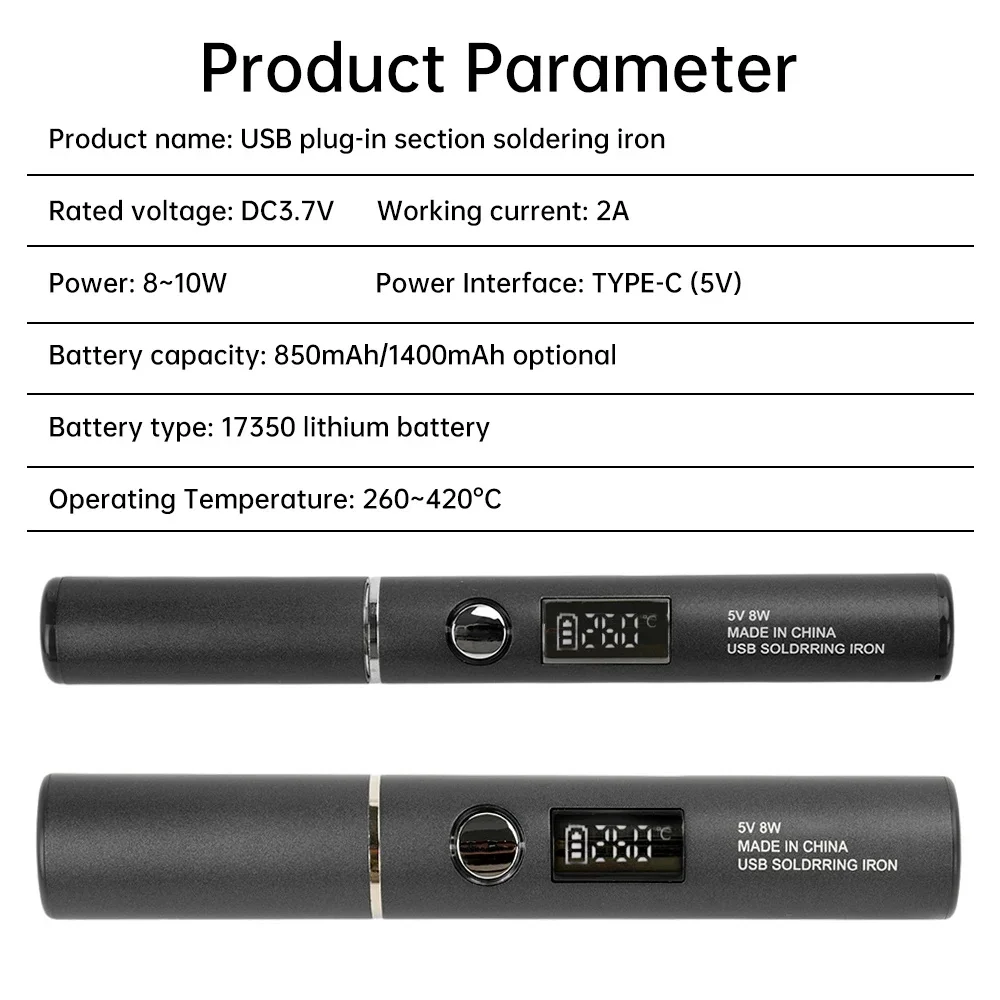 مكواة لحام USB درجة حرارة قابلة للتعديل 260-420 ℃   طقم مكواة لحام كهربائي 850 مللي أمبير/1400 مللي أمبير في الساعة أدوات لحام حديد البطارية