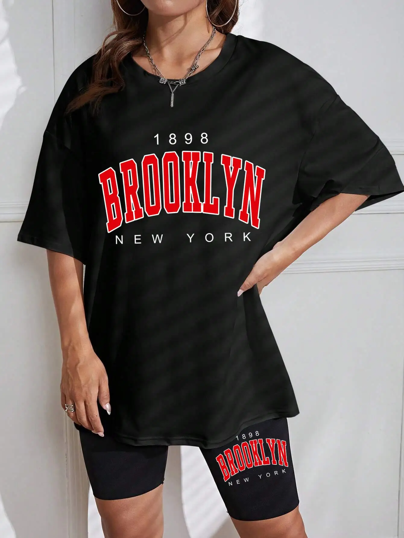 1898 Brooklyn New York Letter Print T-Shirts Set Women Fashion Casual 2 Piece Set Street Casual Shorts Cotton Breathable Tshirts