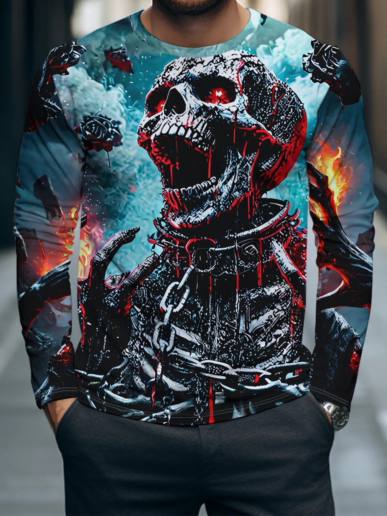 Men Halloween 3D Print Long Sleeve Sweatshirt Screaming Skeleton Chain Fire Pattern Crew Neck Pullover Casual