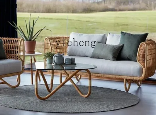 HXL Outdoor Rattan Woven Sofa Courtyard Waterproof Sunproof Terrace Villa Hotel Sofa