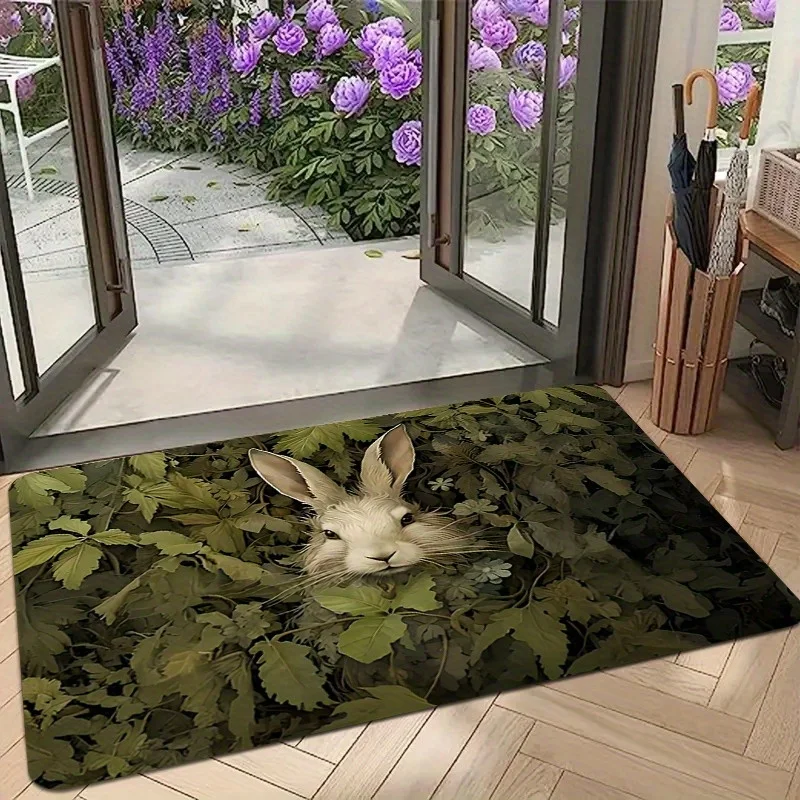 Magic Forest Animal Rug – Rabbit Print Polyester Mat for Living Room, Bedroom & Entryway, Durable Low-Pile Green Home Decor