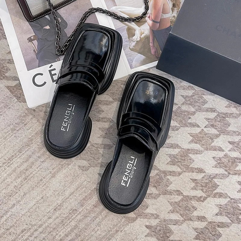 Summer Woman Baotou Half Slippers Women Fashion Square Toe Bow Mules Platform Casual Shoes British Style Patent Leather Slides