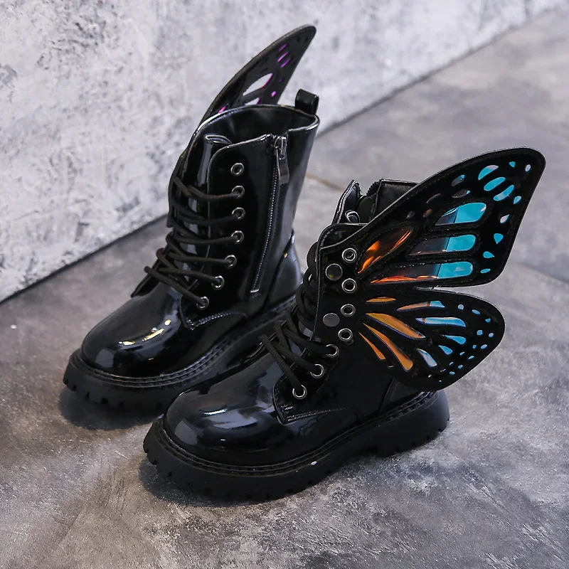 Botas antideslizantes de charol plateado para niña, botines informales de mariposa y Princesa, zapatos de otoño e invierno, novedad de 2023