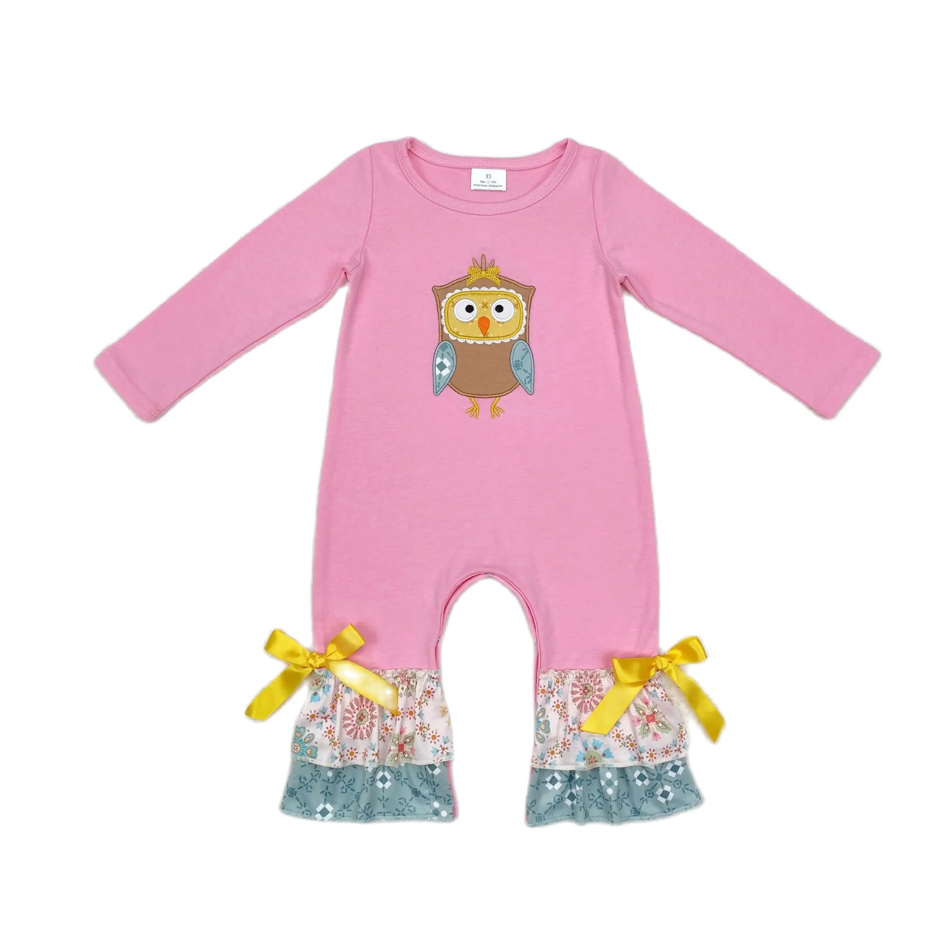 LR0494 Good Quality Baby Girl Clothes Long Sleeves Embroidery Owl Lace Pink Print With Jumpsuit Children Clothes Rts No Moq