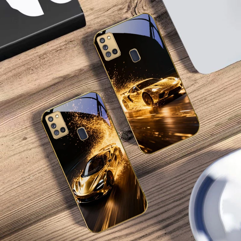 تحلق السيارة الذهبية الخارقة لسامسونج A 31 32 A33 A34 35 14 A15 13 16 25 26 50 52 53 54 55 56 70 71 72 73 حافظة هاتف زجاجية ذهبية