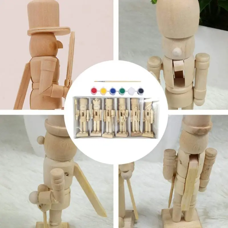 6Pcs Christmas Wooden Soldier Figures Decorations Ornaments Puppet Unpainted Paint Set Nutcrackers Figurine Wood Doll