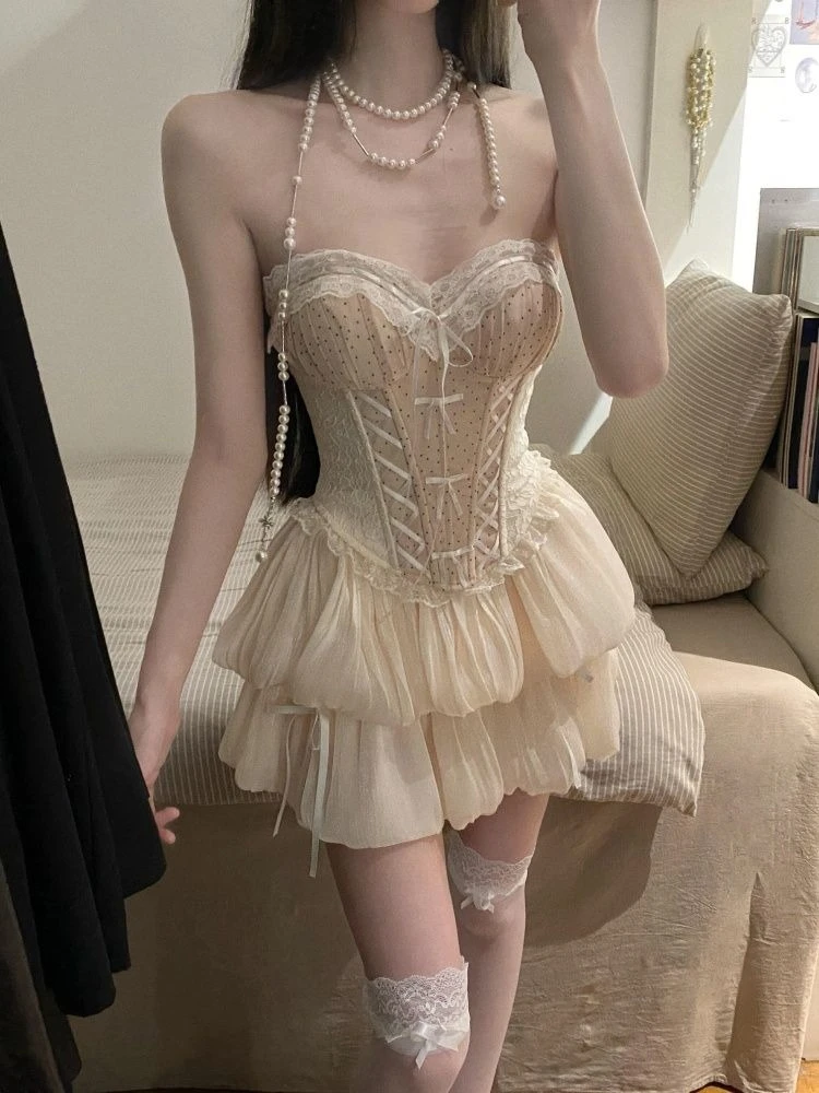 Sweet Ballet-Style Outfit Summer Polka Dot Pure Desire Strapless Top + Fairy-Style Bubble Skirt Two-Piece Set for Women 2026 New