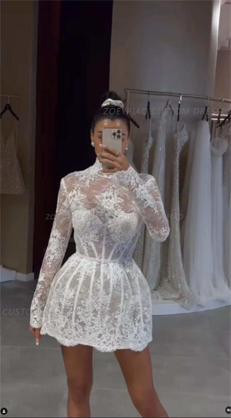 Vestidos de novia de línea A de encaje para mujer, Vestido de princesa corto de cuello alto personalizado, moda Formal, vestidos de novia de fiesta