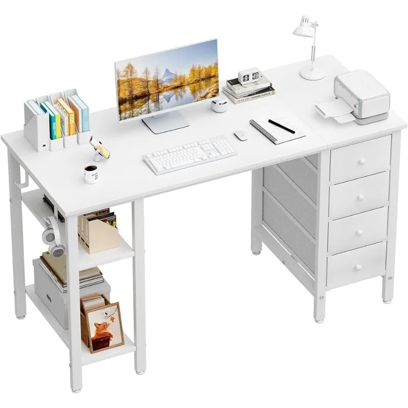 Lufeiya White Computer Desk with Drawers & Storage Shelves, 47 Inch Study Work Writing Desk for Home Office Bedroom, Simple