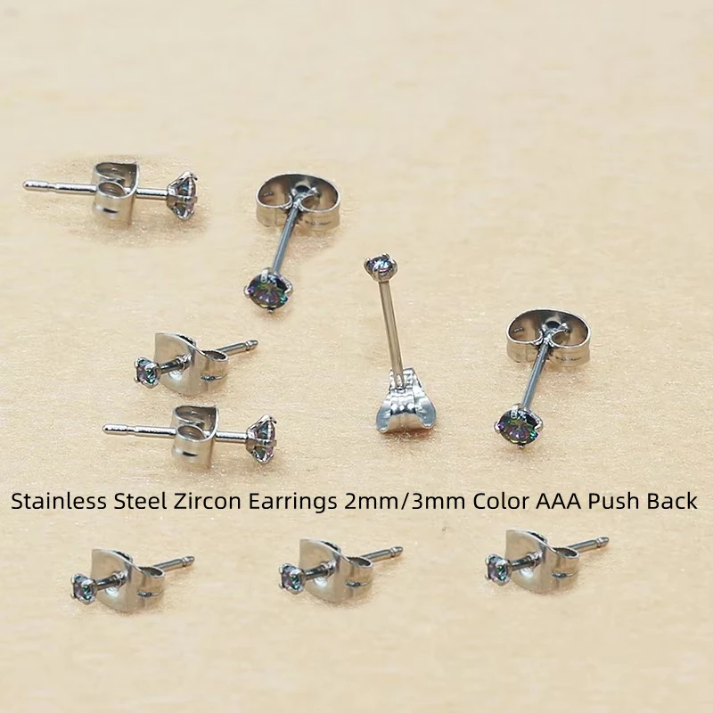 1Pair Stainless Steel aaa Zircon Earrings 2mm 3mm Color AAA Push Back Minimalist Hypoallergenic Jewelry Thin Needle 0.8mm