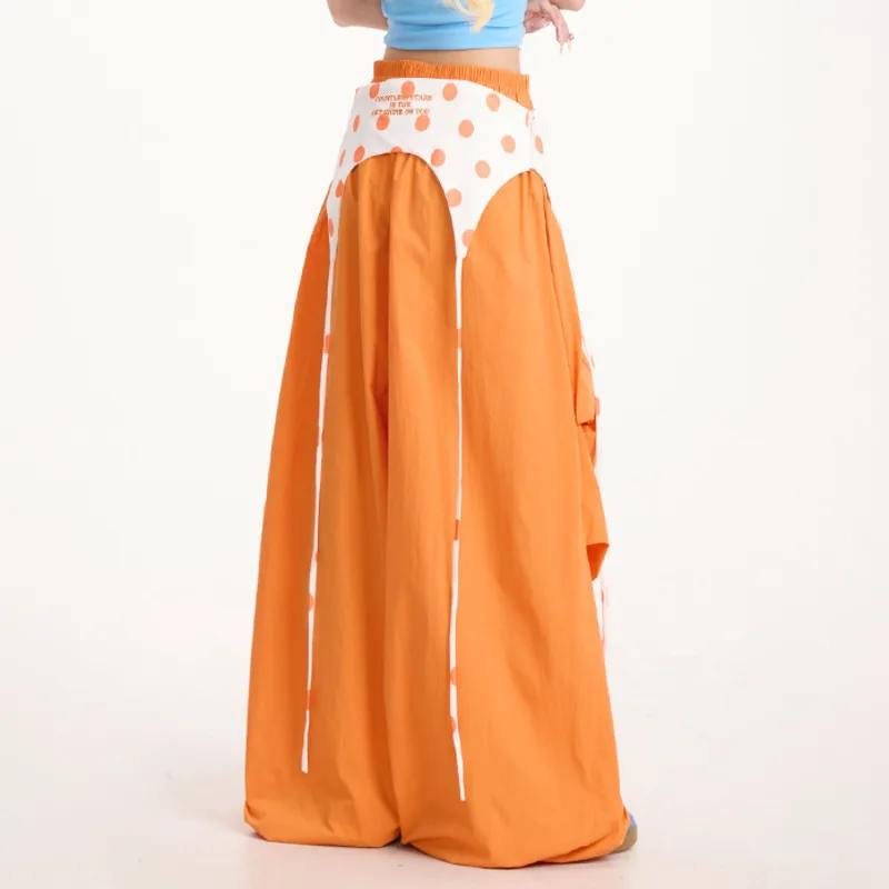 HKSH 봄 가을 신상 여성용 와이드 레그 팬츠 엘라스틱 웨이스트 컬러 블록 플리츠 아메리칸 레트로 Y2K 트렌드 HK16104