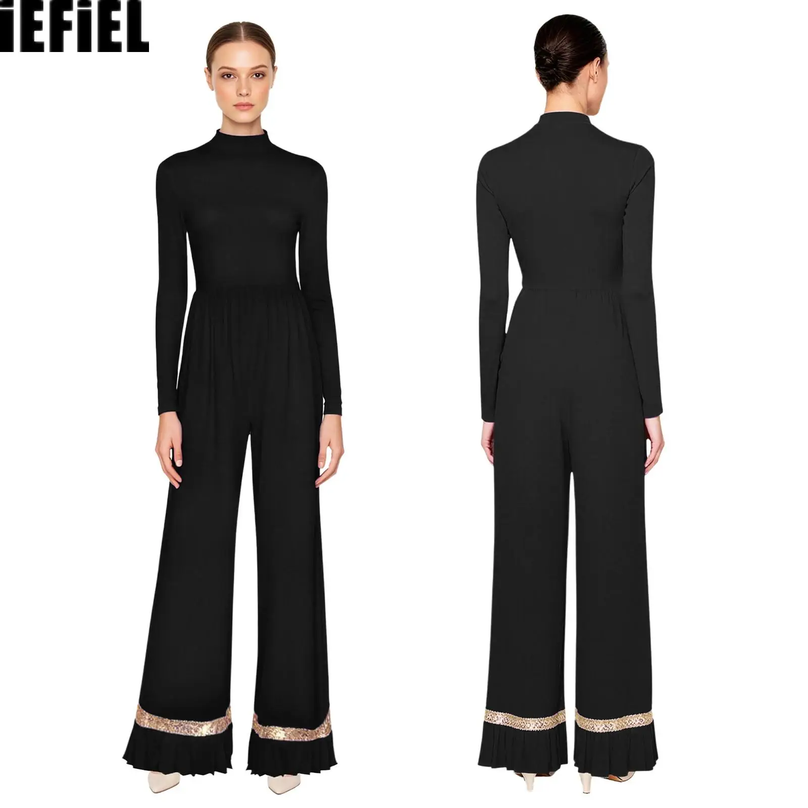 

Womens Worship Praise Wide Leg Pants Church Rompers Long Sleeve Back Zip-up Shiny Sequin Ruffled Mesh Trim One-piece Jumpsuit