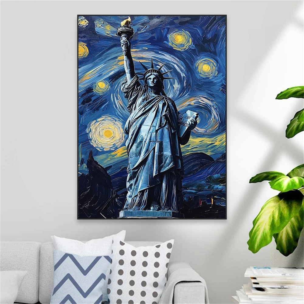 Starry Night Van Gogh Altered Poster Statue of Liberty Print Oil Painting Eiffel Tower Wall Art Funny Canvas Painting Decor