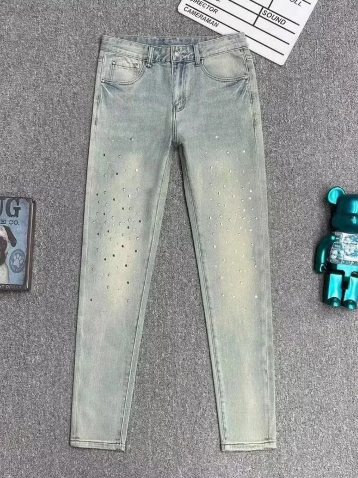 

Ретро американские джинсы со стразами, мужские облегающие эластичные винтажные длинные брюки, молодежная износостойкая повседневная одежда, молния со средней талией