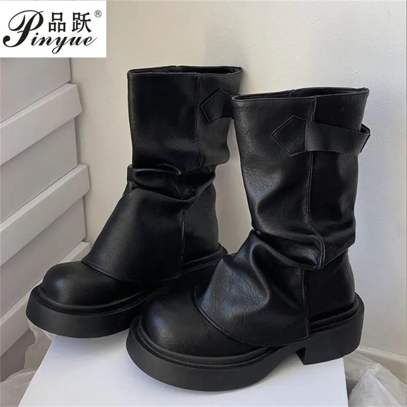 

Зимние женские байкерские ботинки, модные женские элегантные ботинки на платформе с пряжкой на ремне, длинные ботинки-дудочки, повседневные женские ботильоны 35-40