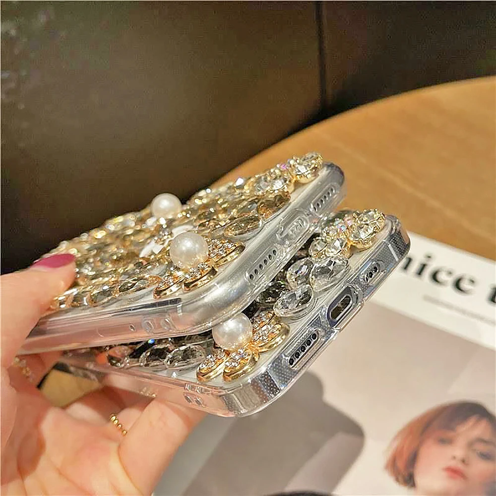 Glitter Diamond Crown Bag Pearl Flower Clear Phone Case For iPhone 14 13 12 11 Pro Max X XR XS 7 8 Plus Rhinestone Back Cover