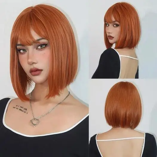 

Copper Ginger Synthetic Hair Short Straight Orange Wig with Bangs Halloween Costume Cosplay Wig Heat Resistant for Women