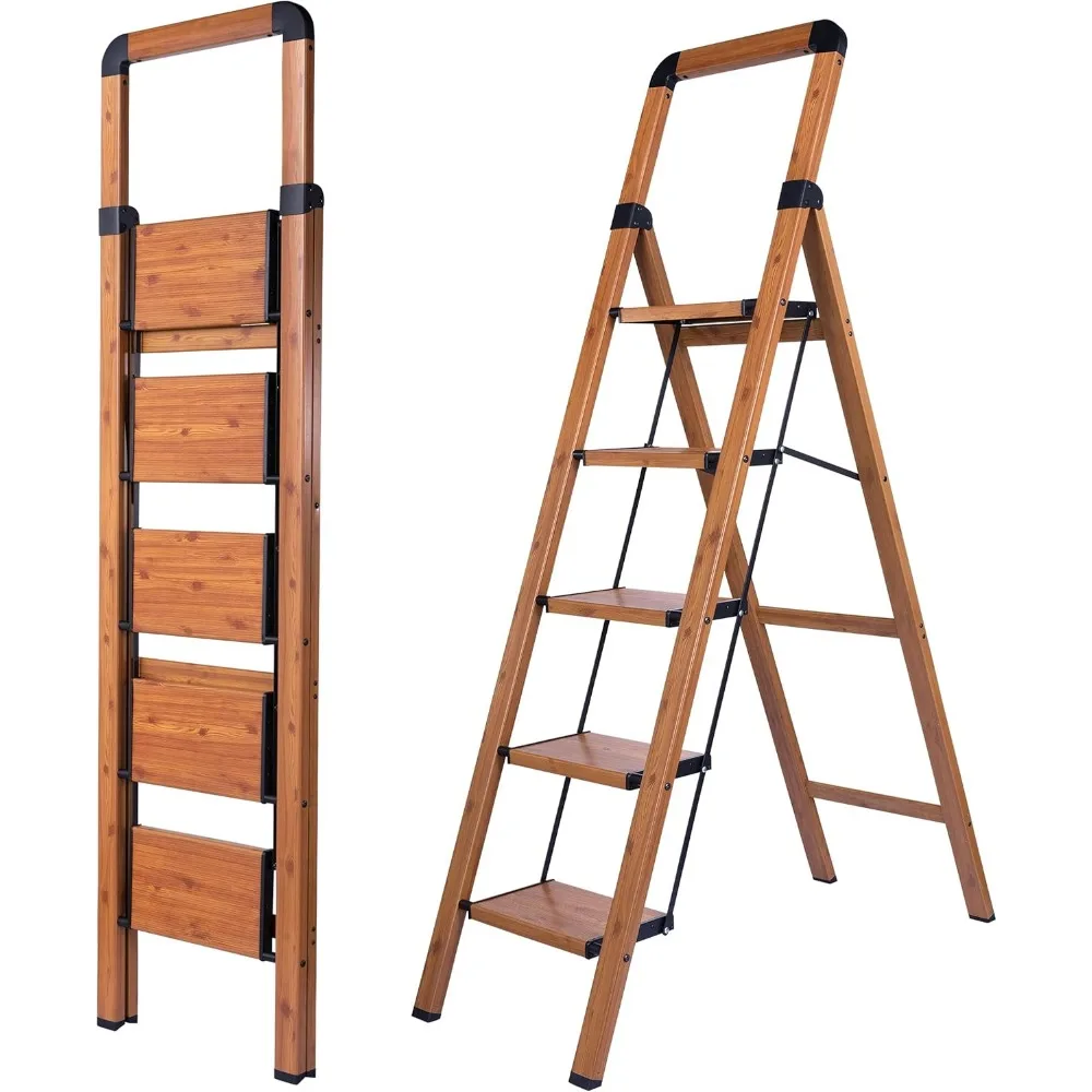 Antypoślizgowy, przenośny, wytrzymały, 4-stopniowy aluminiowy składany stołek z wykończeniem imitującym drewno do użytku domowego, kuchennego i biurowego.