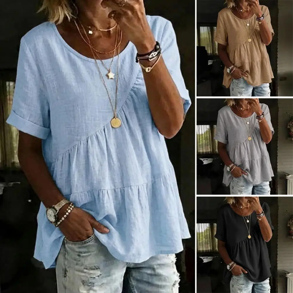 

Women T-shirt Round Neck Short Sleeve Ruffle Splicing Design Tee Shirt Pure Color Loose Fit Summer Tops