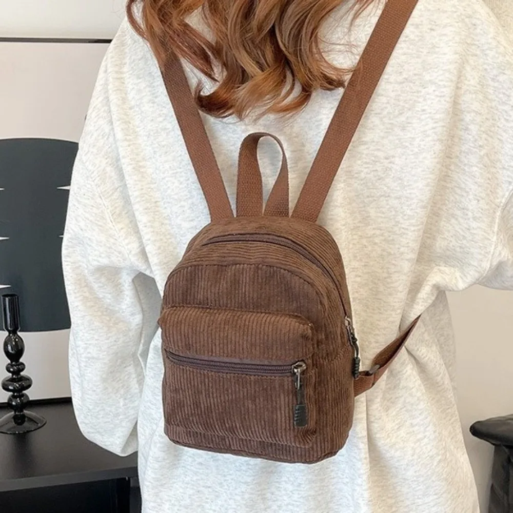 Forest Series Solid Color Corduroy Mini Backpack Lightweight Zipper Double Shoulder Bag Vintage Multi Pocket Daypack College