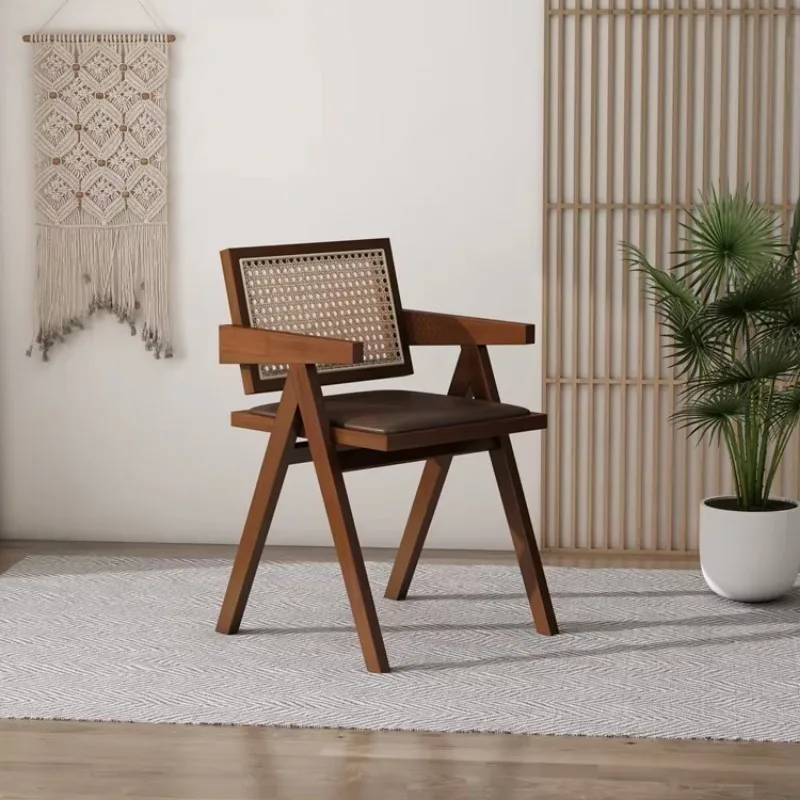 

Nordic Solid Wood Rattan Woven PU Leather Chair Rattan Dining Chair Household Commercial Leisure Chairs Dining Room Furniture
