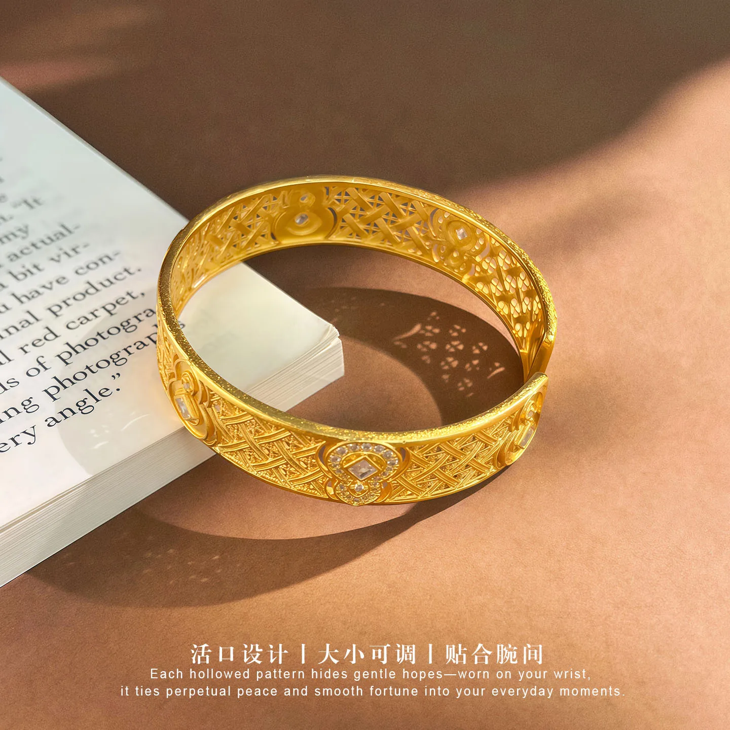 Luxury 24K 9999 Pure Gold real gold Hollow Flower Window Drill Gourd Bracelet Women's Open Bracelet