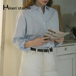 Elegant Original 100% Cotton Blue Shirt Women's Blouses And Shirts Quality Office Lady Long Sleeve Top Vintage Female Clothing