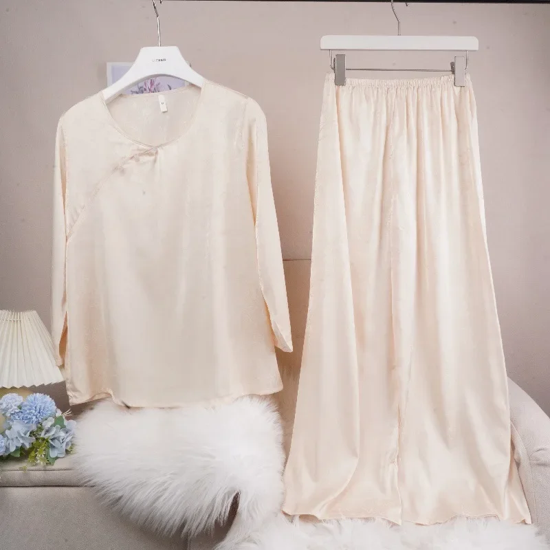 

New Chinese Style Pajamas Set Women Sleepwear Jacquard Flower Long Sleeve Trouser Suits Lingerie Loose Satin Homewear Loungewear