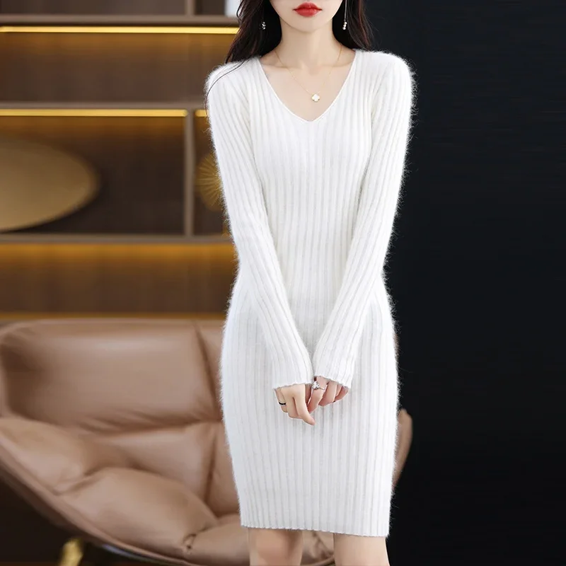 2023 Mink Cashmere Sweater Ladies V-Neck Solid Color Long Knit Skirt Pullover Sweater Autumn And Winter New Bottoming Dress