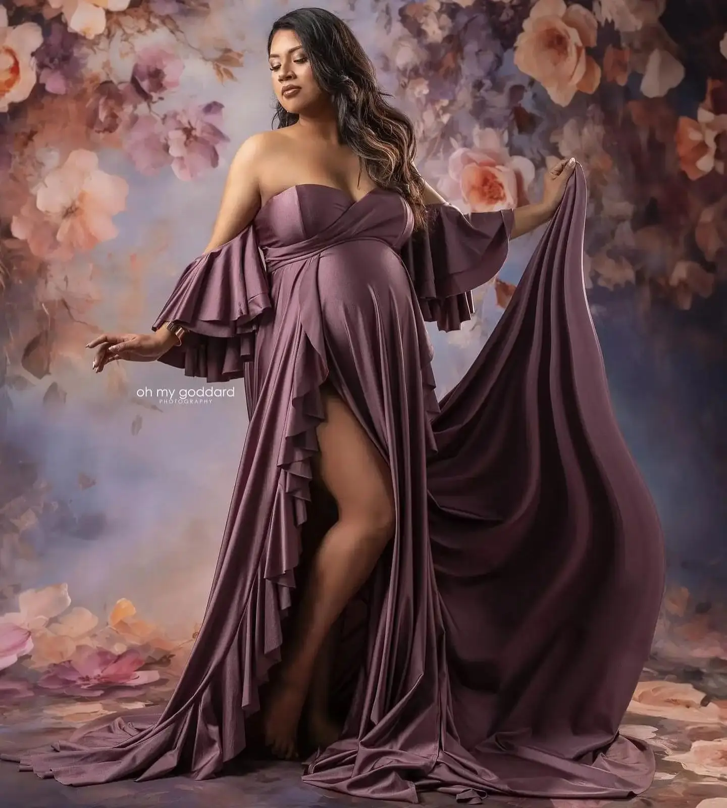 

Soft Satin Purple Evening Dresses Off Shoulder Ruffles Maternity Photoshoot Robes Charming Side Split Pregnant Women Dresses