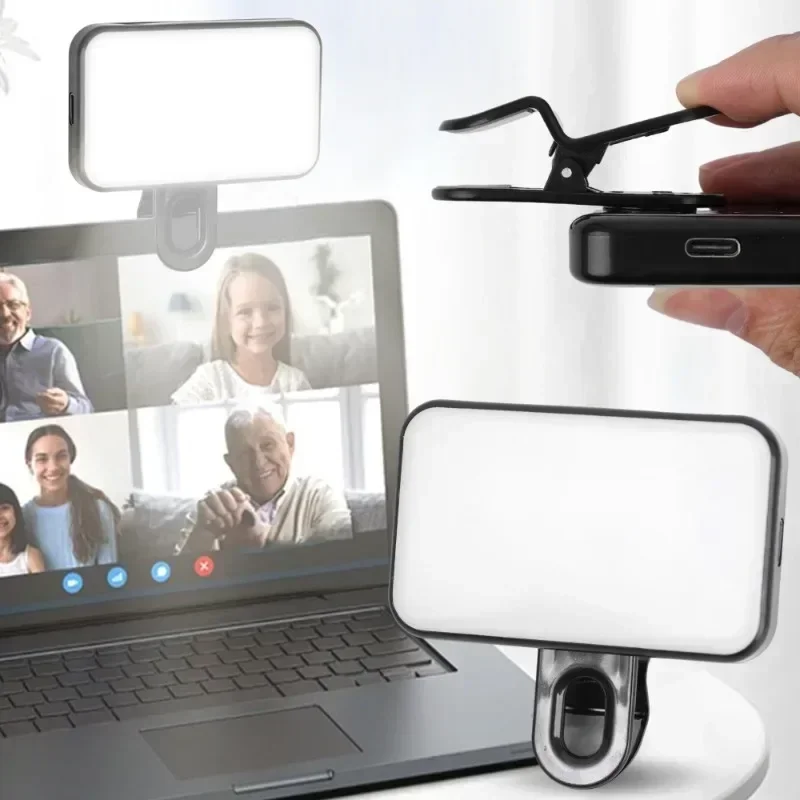 Portable Mini Selfie Fill Light Rechargeable 3 Modes Adjustable Brightness Clip On For Cell Phone Laptop Tablet Meeting Make Up