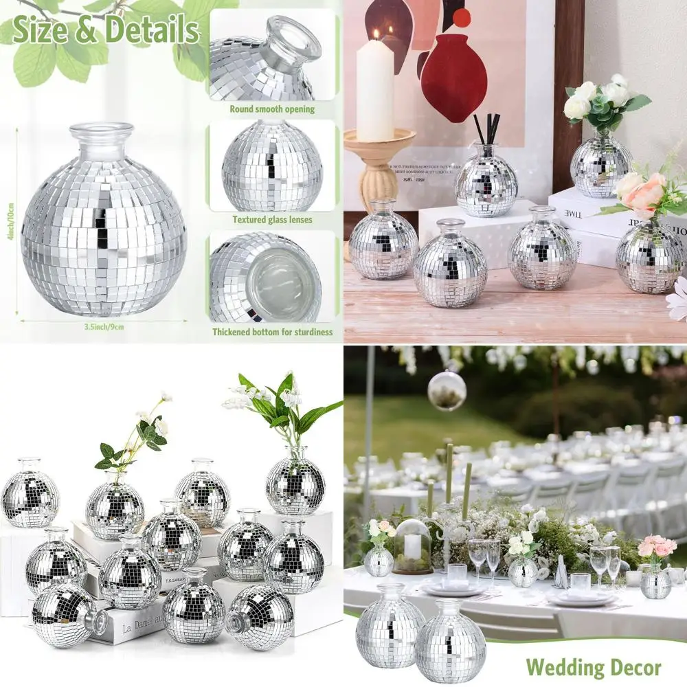 

4 Mini Silver Disco Ball Glass Vases - Set of 12 for Flowers, Plants, Indoor/Outdoor Decor, Weddings, Home, Office