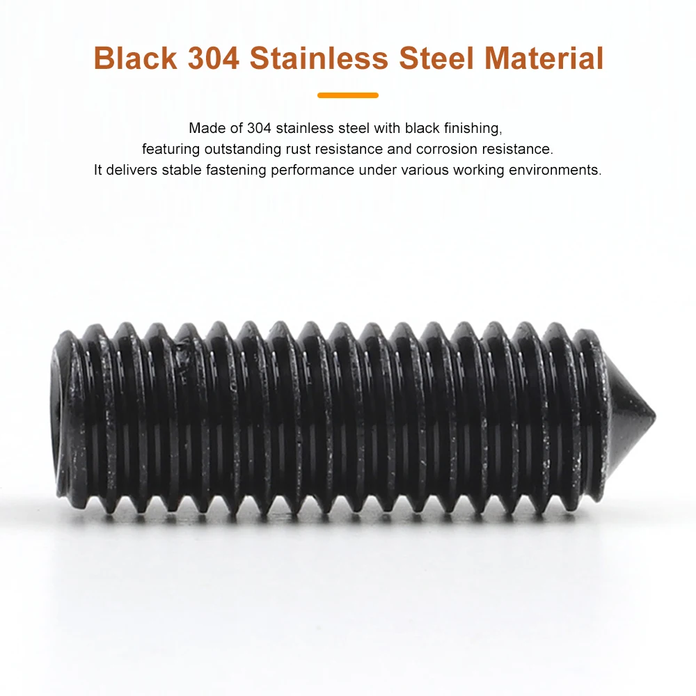 Black 304 Stainless Steel Hexagon Socket Set Screws with Cone Point M2 M3 M4 M5 M6 Allen Cone Tip Grub Set Screw Bolt DIN914