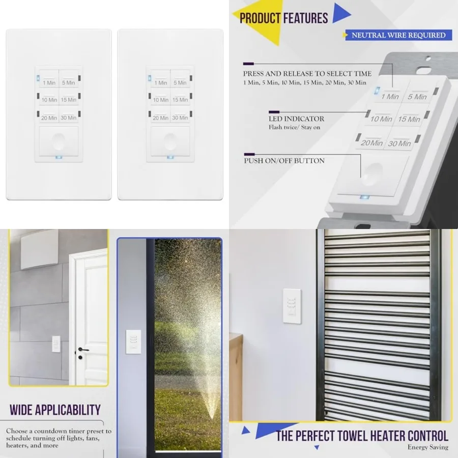 

Countdown Timer Switch for bathroom fans and household lights, 1-5-10-15-20-30 Min Settings with Manual Override, Always On Blu
