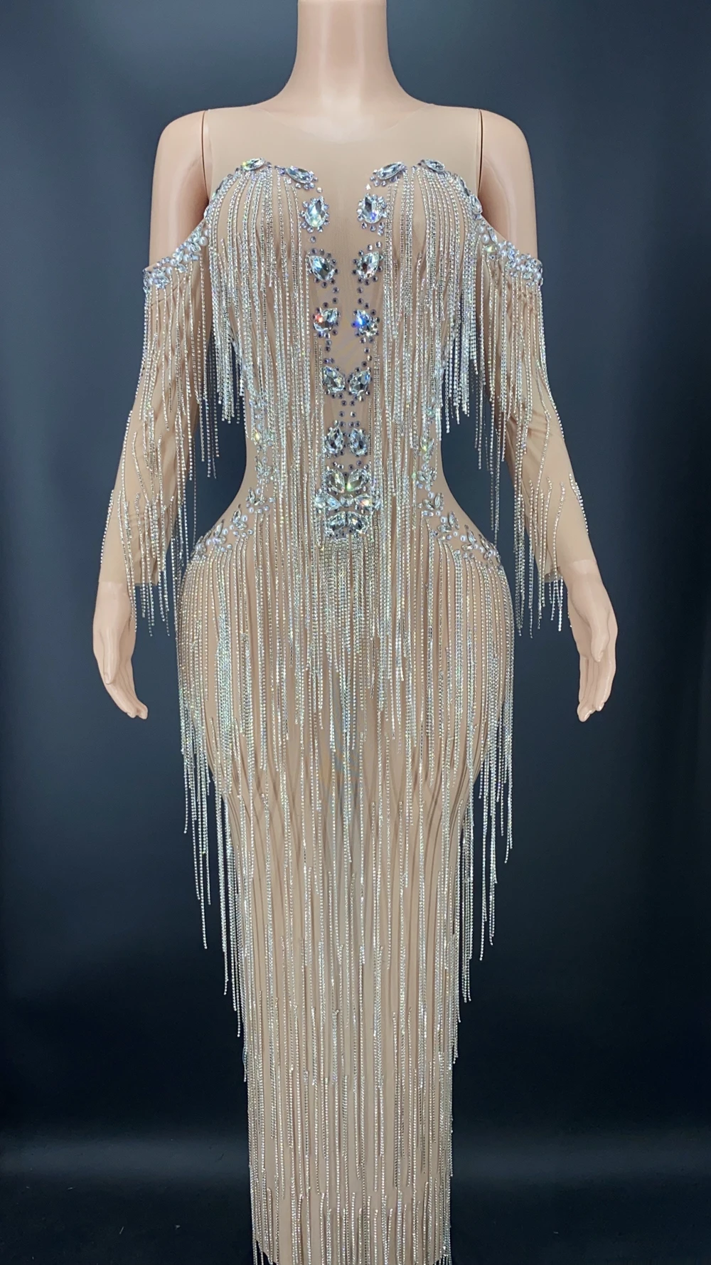 Shining Rhinestones Fringes Mesh See Through Long Dress Women Celebrate Birthday Evening Gown Dress Prom Outfit Sexy Stage Wear