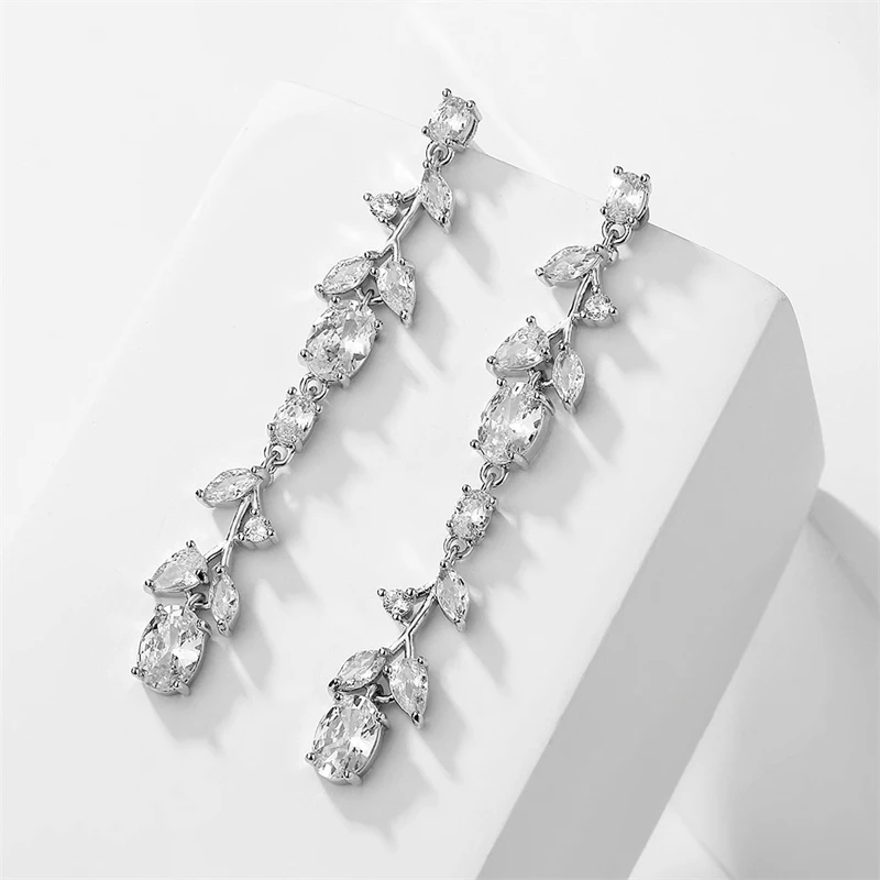 ZAKOL Luxury Leaf Shaped Zirconia Dangle Earrings for Women Shiny CZ Bridal Long Earring Wedding Engagement Jewelry