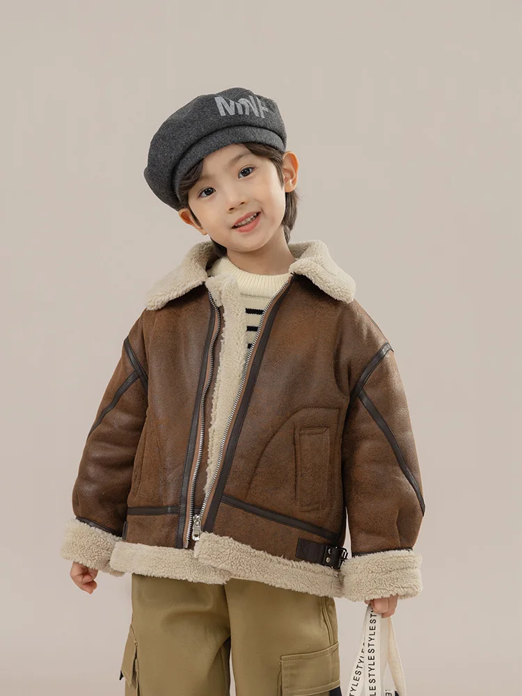 Children\'s Patchwork Lamb Wool Coat 2023 Winter Baby Boys Girls Handsome Cardigan Outerwear Fur Collar Suede Clothes For Kids