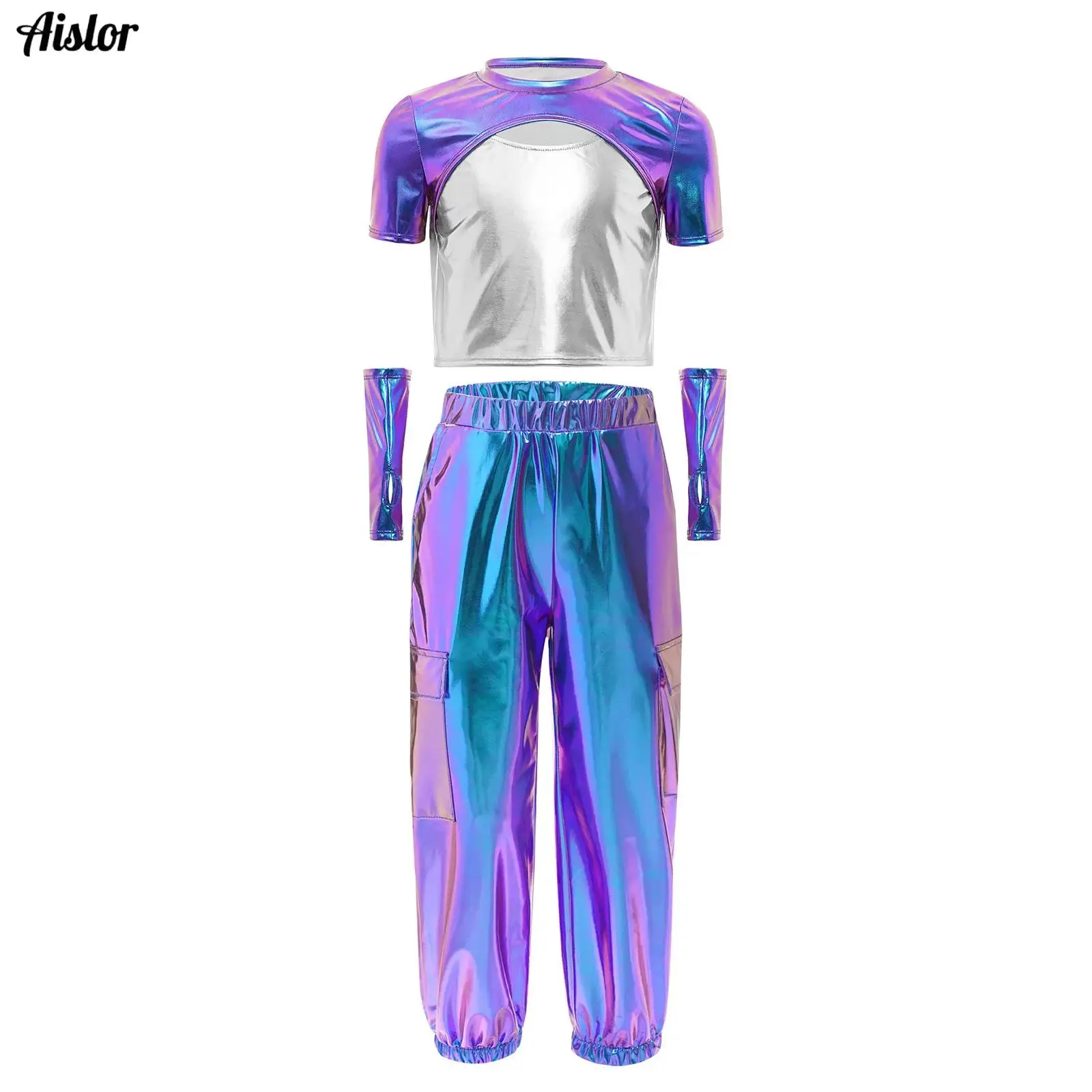 

Kids Girls Hip-Hop Jazz Dance Performance Outfit Short Sleeve Cutout Color Block Metallic Top with Gloves and Cargo Shorts Pants