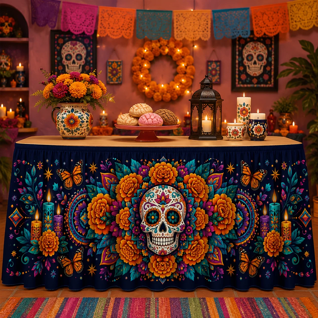 One tablecloth or table skirt made of polyester, featuring floral patterns, sugar skulls, and monarch butterflies.zyc