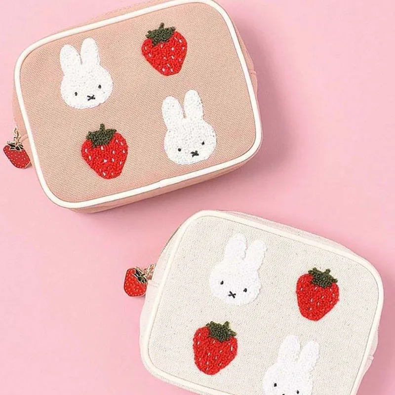 

Cartoon Kawaii Miffy Pink Square Strawberry Makeup Storage Bag Portable Embroidery Fashion Canvas Lipstick Pack Gifts for Kids