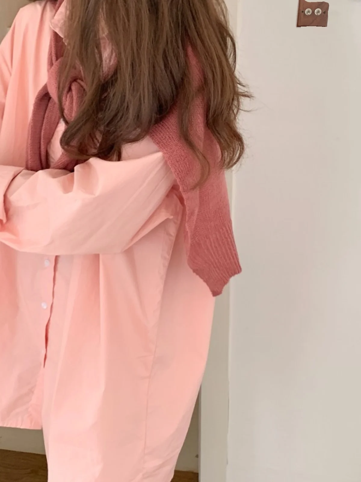 

Macaroon Color Loose Knitted Mid-Length Shirt Women's Fashion Set Two-Piece Cotton Blend Spring Autumn Seasonal Wear