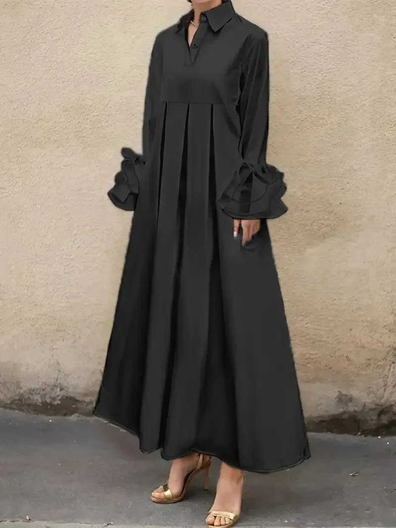 

Elegant Women's Autumn Dress Turn Down Collar Solid Flare Sleeve Loose Casual High Street Pleated A-line Long Dresses 2025