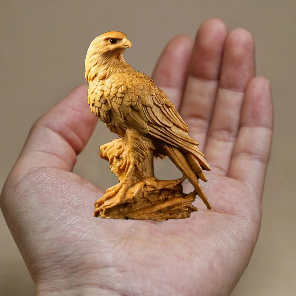 Wooden Eagle Statue Small 8.5cm, Miniature Bird Figurine for Home Office Desk Decor, Car Dashboard Ornament, Wood Art Craft Gift