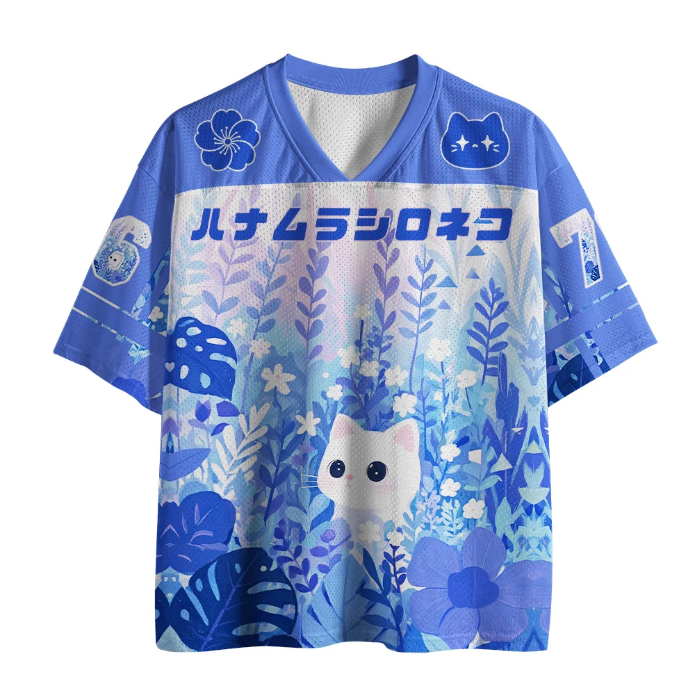 Japanese Blues Flower Blossoms Cute Little White Cat Printed Loose Short Sleeve American Street Top Unisex V-neck Mesh Jersey