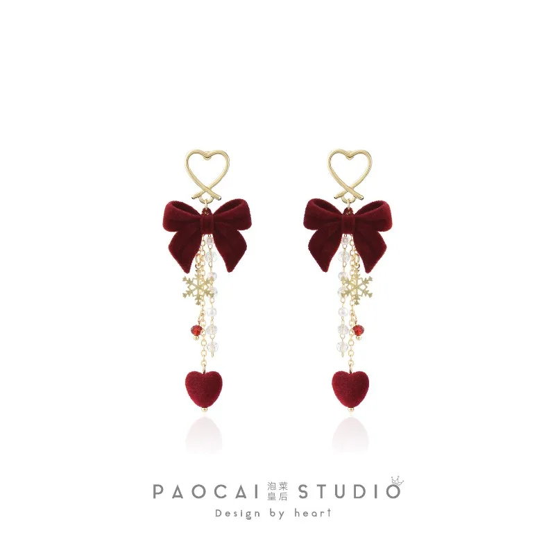 New Year Red Earrings 2026 Flocked Bow Snowflake Tassel Dangle Autumn Winter High End Festive Chinese New Year Celebration Ear