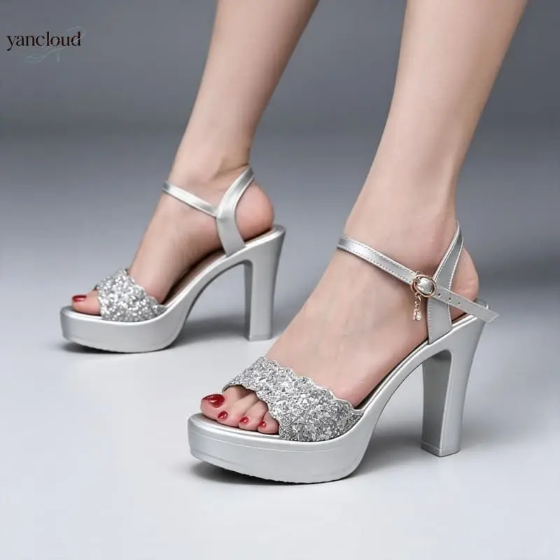 11cm Small Size 32-43 Elegant Bling Sandals Silver Platform Shoes Woman 2026 Extreme Block High Heels Sandals Model Wedding