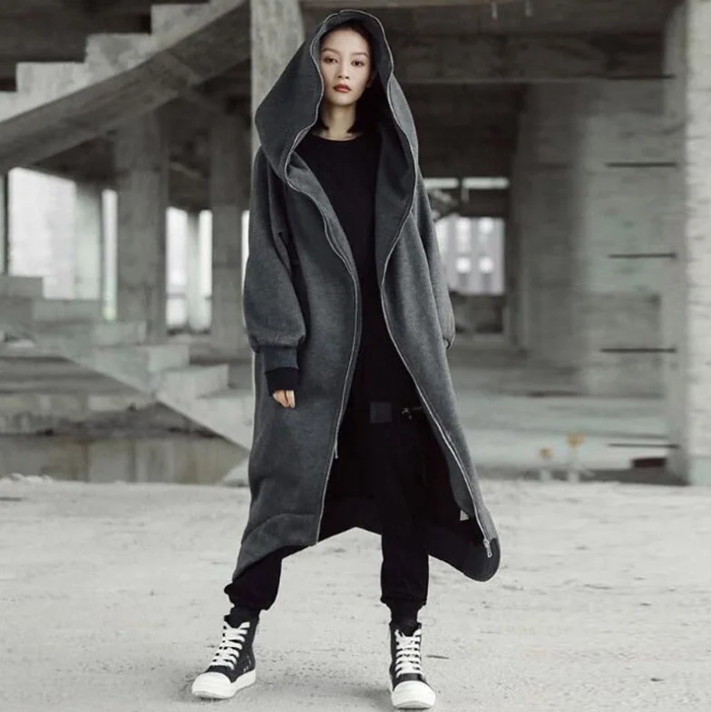 New Spring Autumn Thin Long Hoodie Dress Street Style Zipper Dress Knee-Length Loose plus Size Outerwear Women's Fashion