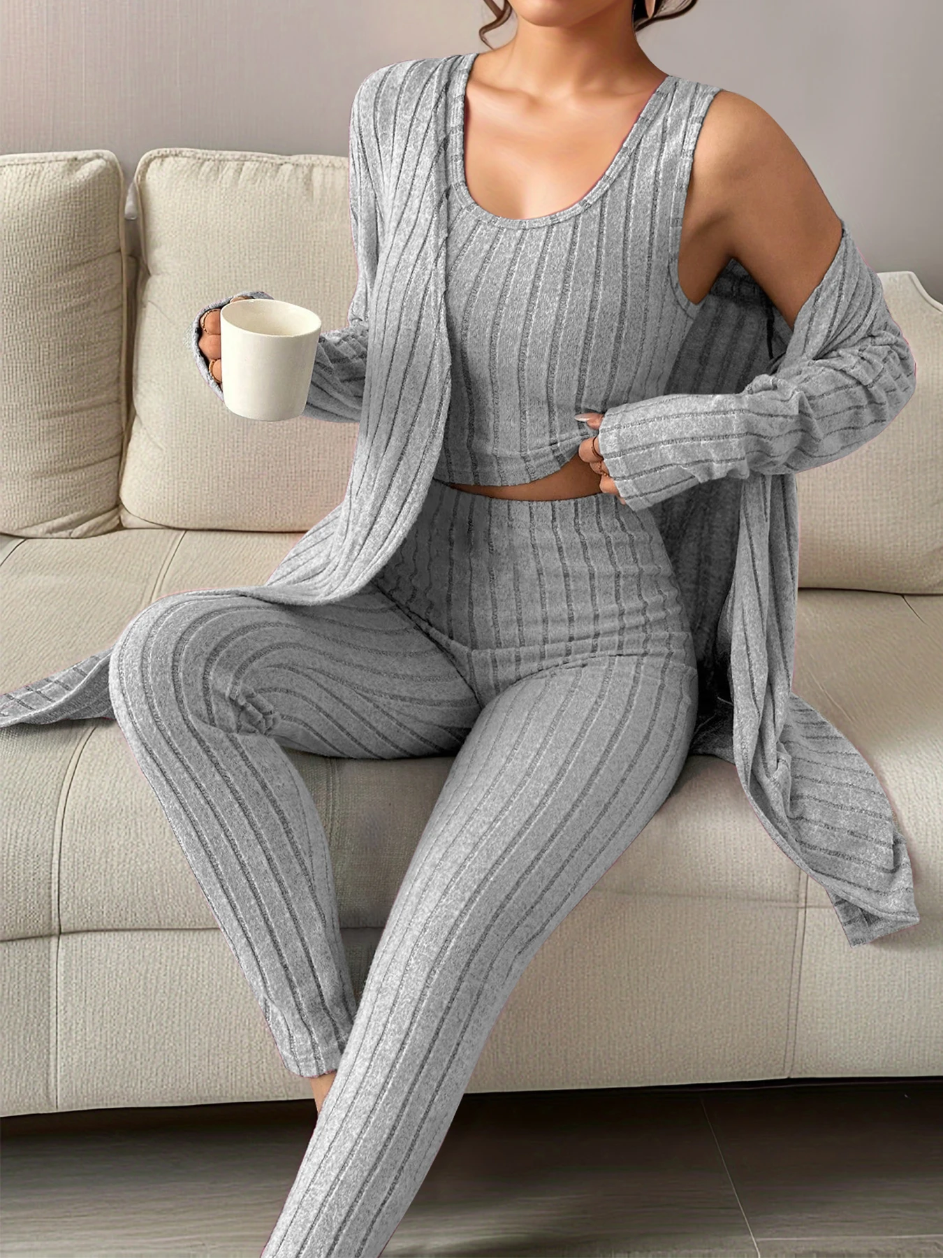 Women\'s casual vest long sleeve striped knitted cardigan slim slim trousers home three-piece set outside wear suit