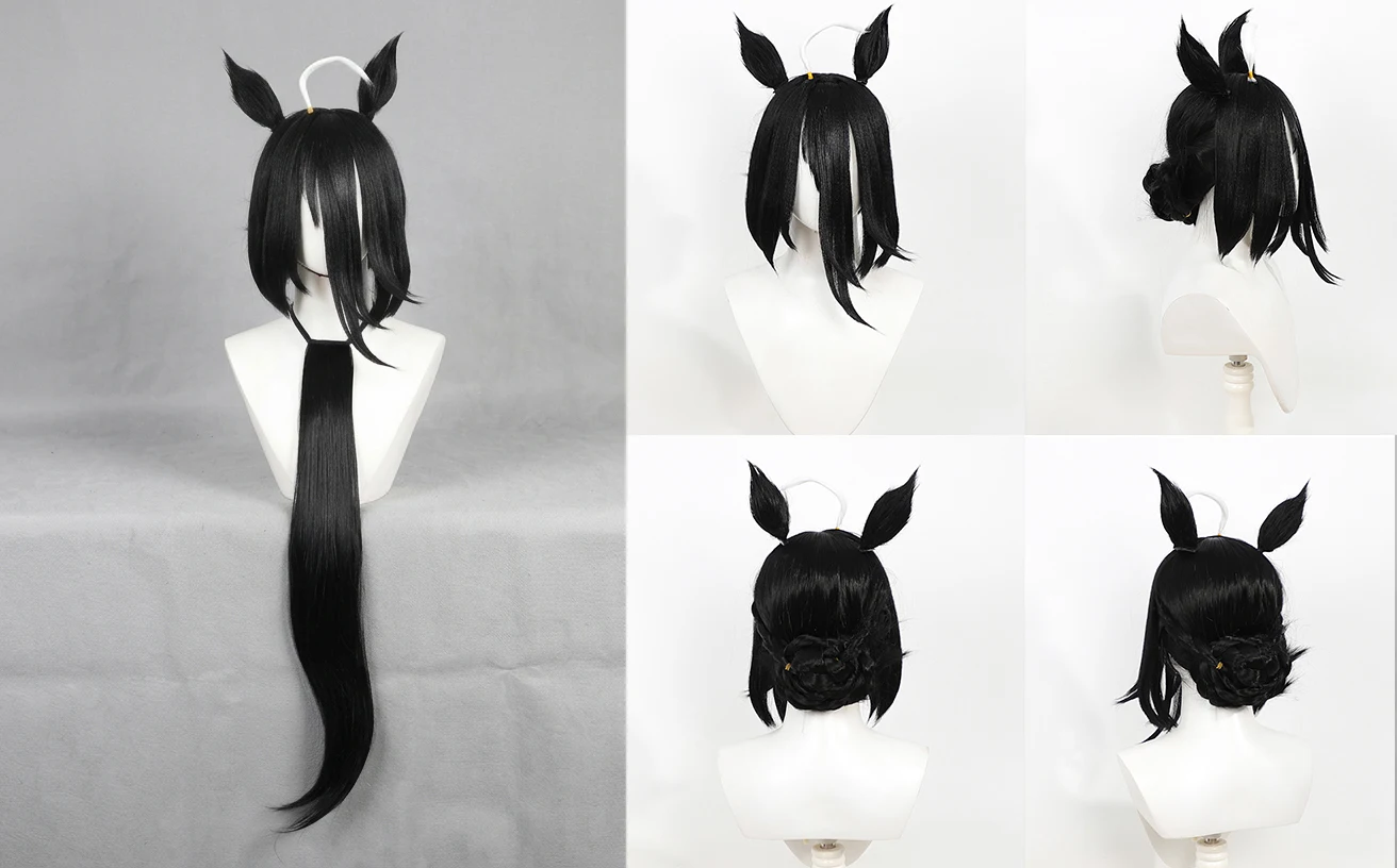 Manhattan Cafe Umamusume Pretty Derby Cosplay, lange, schwarze, glatte, hitzebeständige Kunsthaarperücke, Yugen Rose Yanagi, Midori Sayo Perücke. – Detail 2